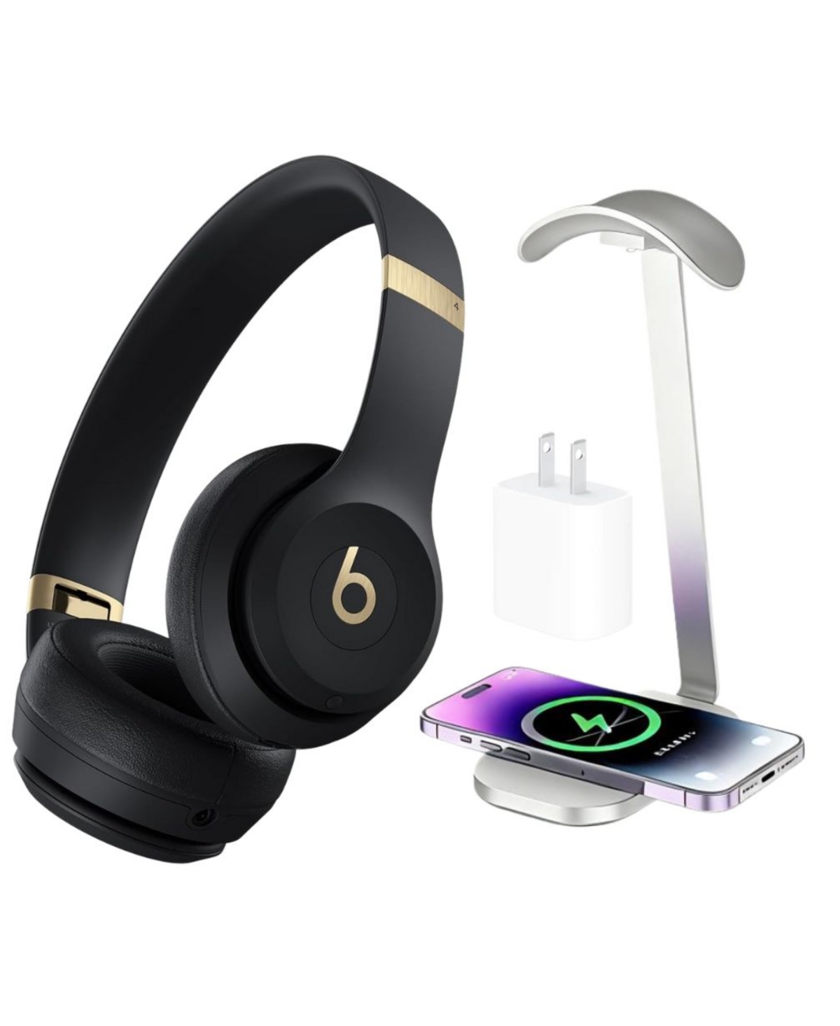 Beats Solo 4 True Wireless On-Ear Headphones + Power Adapter & Headphone Stand/Charging Pad - Black Gold