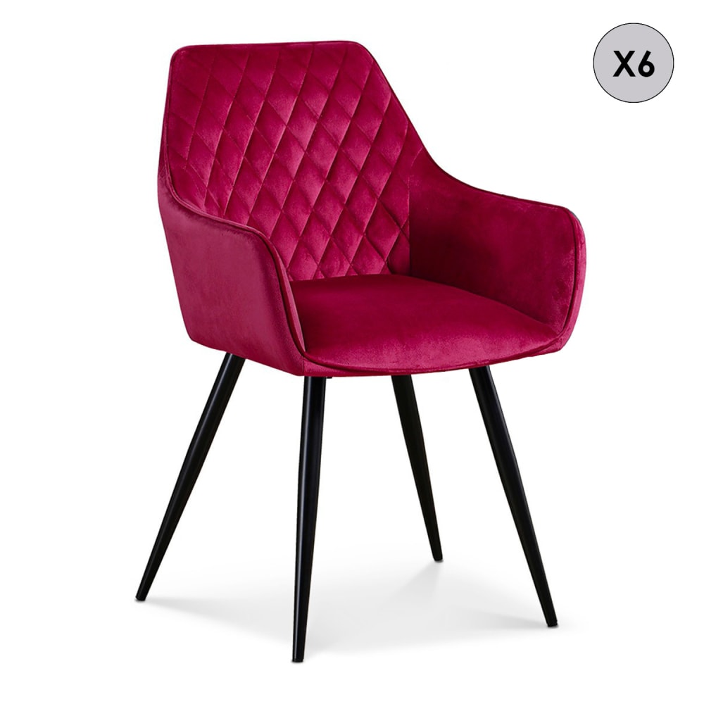 Lot de 6 chaises en velours rouge pieds noir