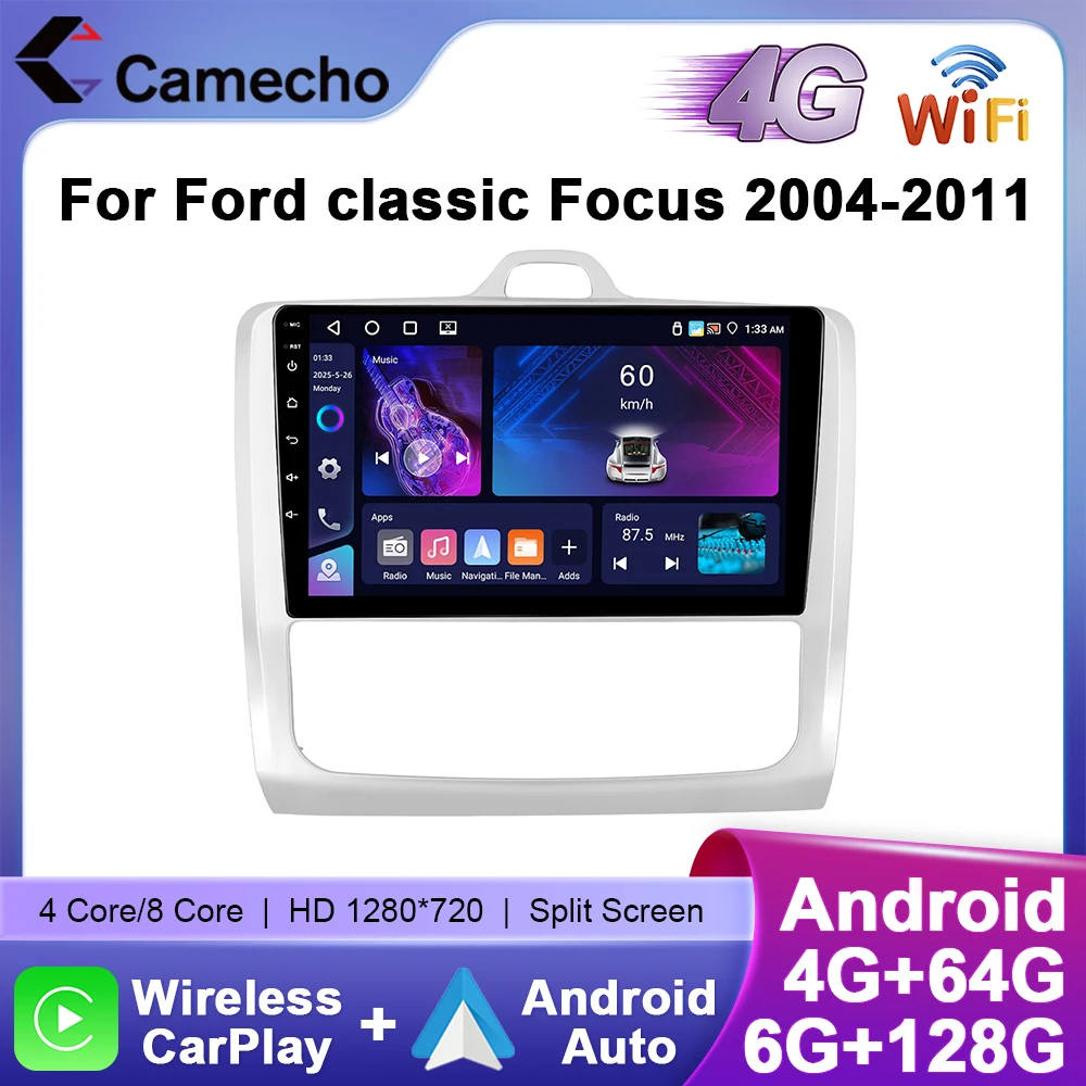 Camecho 6 + 128G Auto Radio Für Ford Focus 2004-2011 Drahtlose CarPlay Android Auto Auto Intelligente Systeme 2Din Autoradio 4G Wifi Image
