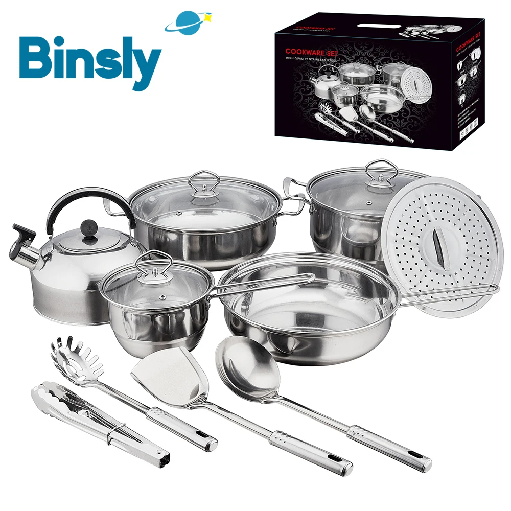 Pots et poêles modernes en acier inoxydable, 14 pièces, ensemble d'ustensiles de cuisine épais avec bouilloire et ustensiles de cuisine, ustensiles de cuisine antiadhésifs
