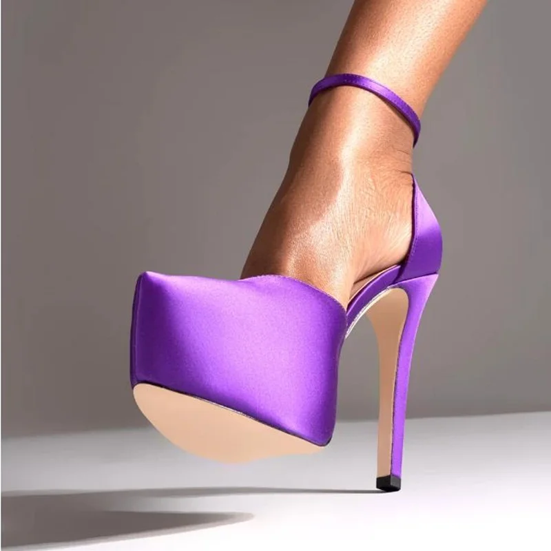 Lila Satin-Plateau-Absatz, Damen-Pumps, runde Zehen, Knöchelriemen, Frühling und Herbst, Bankettschuhe, große Größe 45, Stiletto-High-Heels-Schuhe