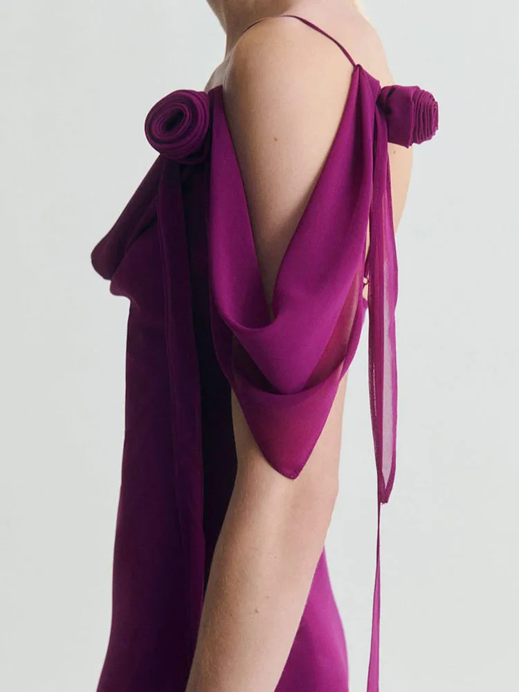 Elegantes ärmelloses drapiertes Hosenträgerkleid für Damen, modisch, hohe Taille, einfarbig, Partykleid, sexy Swing-Kragen, lila langes Kleid Image