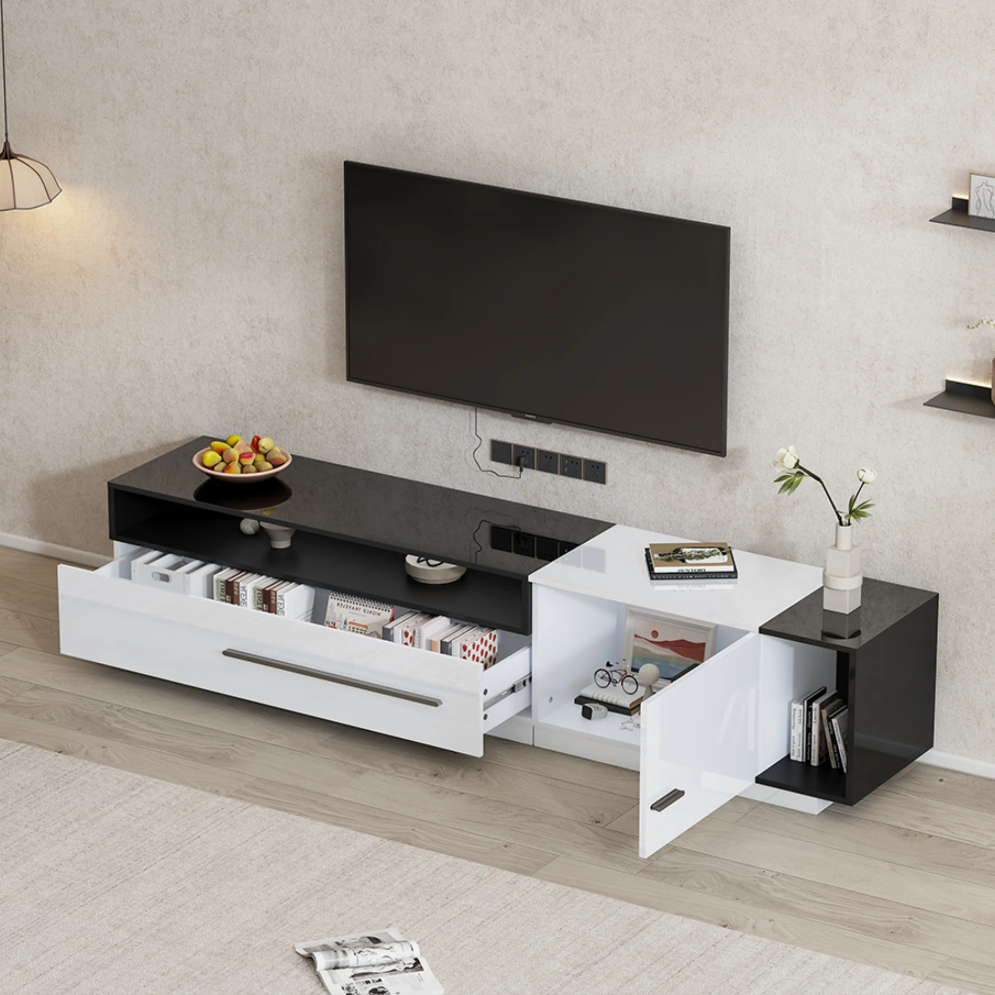 Hochglanz-TV-Schrank mit Schublade, Tür und offenem Fach Für Fernseher, 170cm – Für Fernseher bis 70 Zoll,TV-Board,