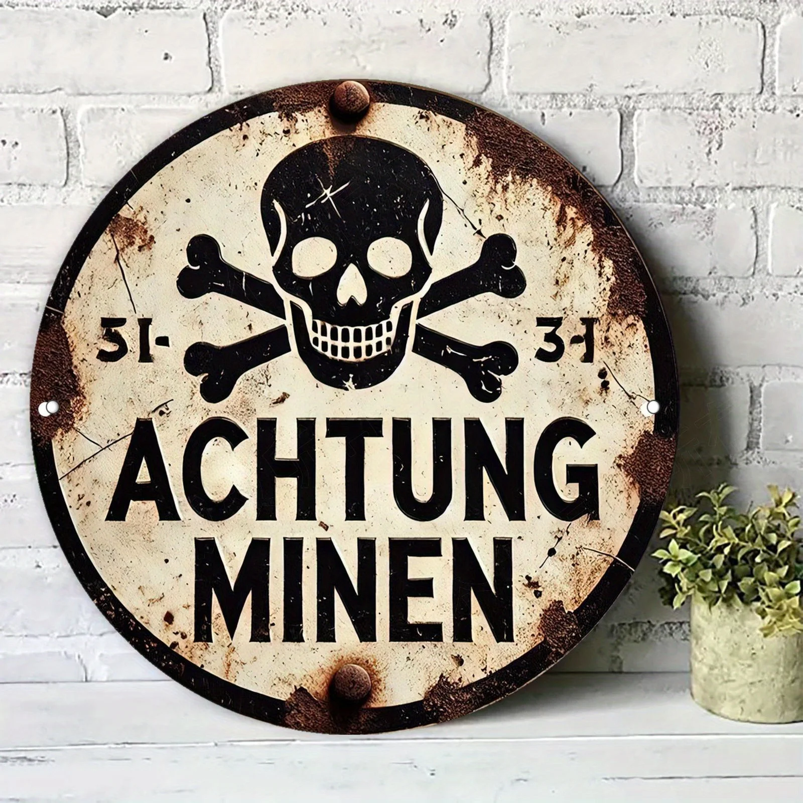 2D Flat – Vintage „ACHTUNG MINEN“ Skelett & gekreuzte Knochen Metallschild – 19,99 cm große Aluminium-Wanddekoration mit rostiger Oberfläche, perfekt für