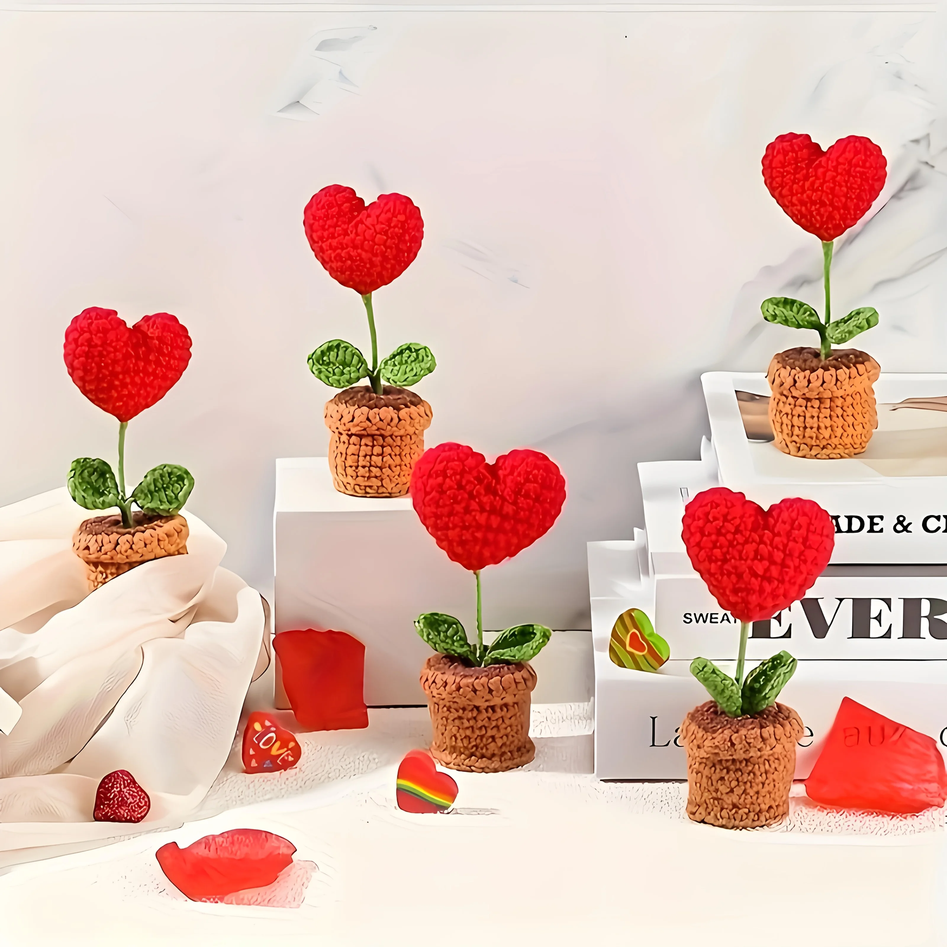 5-1 Stück handgemachte gestrickte Blumentopf rote herzförmige gewebte Blume Geschenk stricken Nachahmung Topfpflanze Blumentopf Desktop Home Decor Image