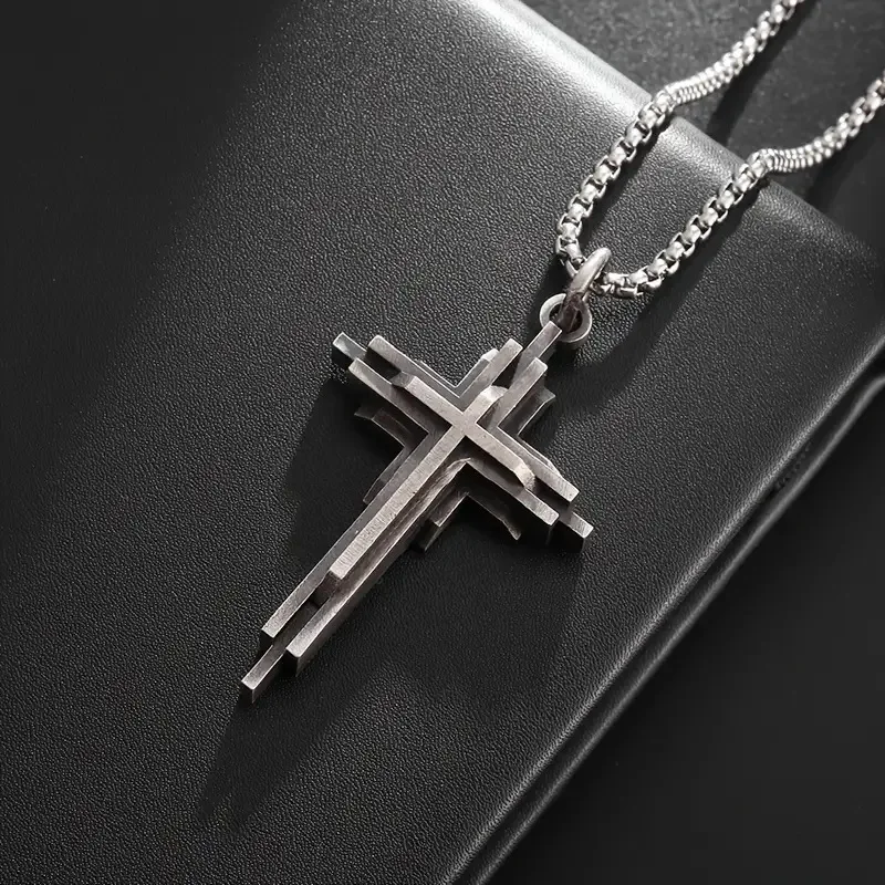 Modische Kreuz-Halskette für Damen und Herren, dreilagige dreidimensionale Kreuz-Retro-Anhänger-Halskette Image