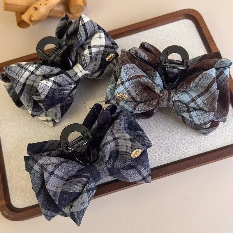 Plaid Stoff Doub Layer Schleife Haarspange für Frau elegante Hai Clip Mode Mädchen Hinterkopf Haarnadel Haarschmuck Image