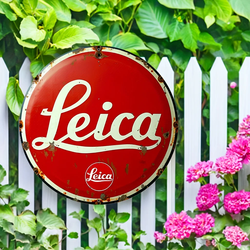 Leica Vintage Metallschild | 7,87" runde Aluminium-Wandkunst | Retro-Design in Rot und Weiß | Einfache Installation | Vielseitiger Innen-/Außenbereich Image