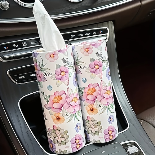2 Rollen Auto-Papiertaschentücher mit Blumenmuster – kompaktes zylindrisches Design in leuchtendem Pink weiße Blumen passt in Getränkehalter inklusive Kosmetiktücher für unterwegs praktisches Image