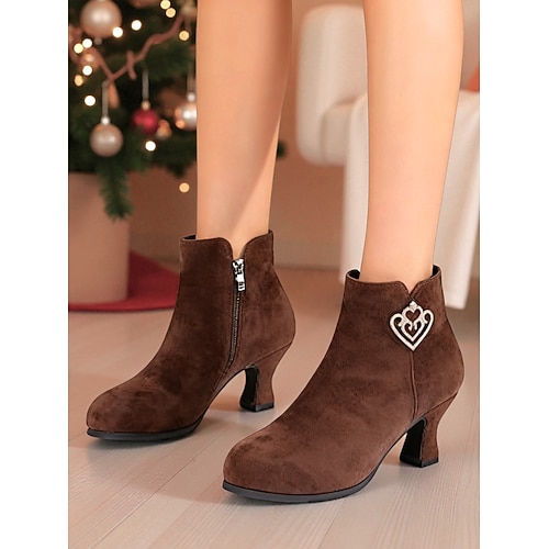 Burgunderrote Wildlederstiefeletten für Damen mit herzförmiger Verzierung und seitlichem Reißverschluss, eleganter und festlicher Stil, perfekt für Weihnachten, Feiertagspartys und Winterveranstaltungen Image