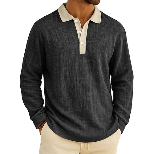 Herren Golfshirt Golf Poloshirts Arbeit Lässig Revers Langarm Basic Modern Farbblock Patchwork Knöpfe Frühling Herbst Normale Passform Dunkelgrün Schwarz Weiß Leicht Grün Dunkel Blau Rote Golfshirt Image