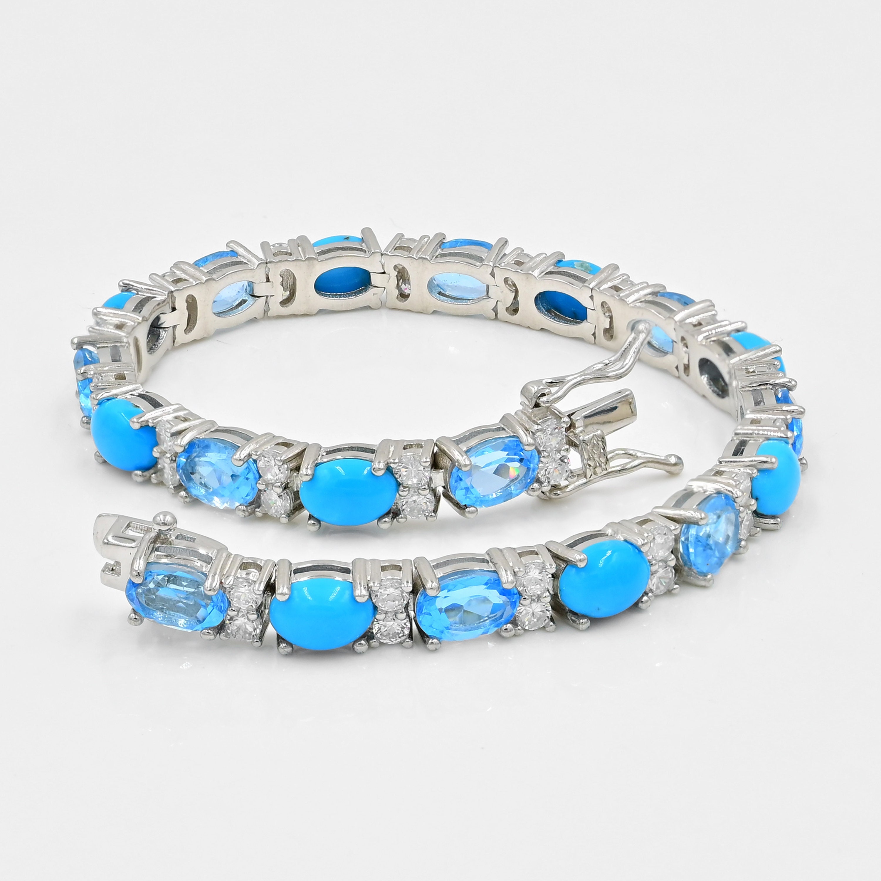 7 x 5 MM Oval Natürlicher Türkis & Schweizer Blautopas Armband, 925 Sterling Silber, Tennis Armband, Dezember Geburtsstein, Geburtstagsgeschenk für Si