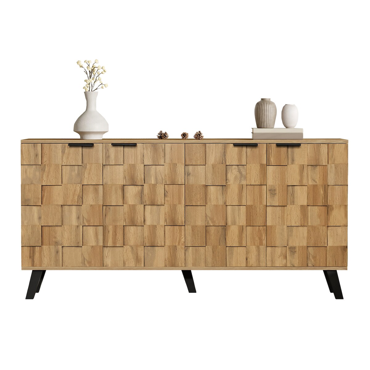 OKWISH Sideboard 160x35,5x78 cm mit 4 Türen, verstellbaren Einlegeböden, Stauraumschrank, modernes Design, Holzfarbe, Wohnzimmer, Esszimmer Image