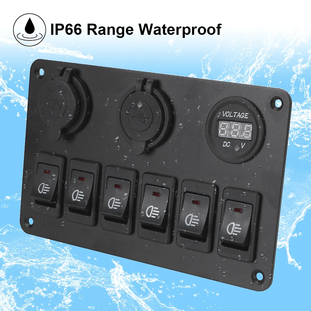 Panneau d'interrupteur à bascule avec ports USB pour touristes, disjoncteur marin de voiture, lumières marche/arrêt étanches, voltmètre numérique LED, DC 12V, 24V, 6 gangs