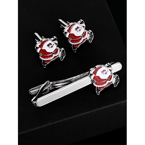 Set di gemelli e fermacravatta natalizi da uomo a forma di Babbo Natale: materiale in lega, design festoso per feste e occasioni formali