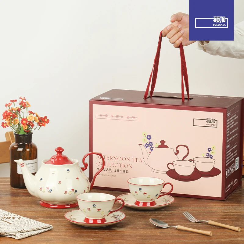 SOLECASA Luxus-Teeset aus Keramik im Vintage-Stil im britischen Stil, kompletter Nachmittagstee, handgeworfene Teekanne, Tassen, Untertassen, Geschenkbox-Set Image