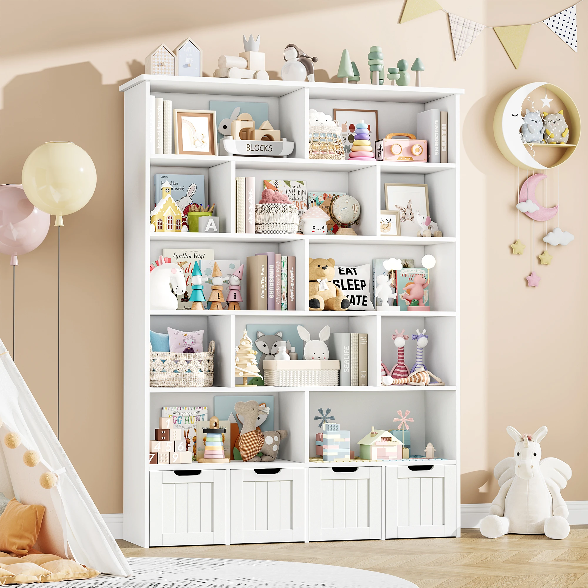 Getone kinderregal kinderzimmer möbel Spielzeugtruhe Bücherregal kinderschrank mit 4 Rollschubladen 13 Regalen 125.5x33x175cm