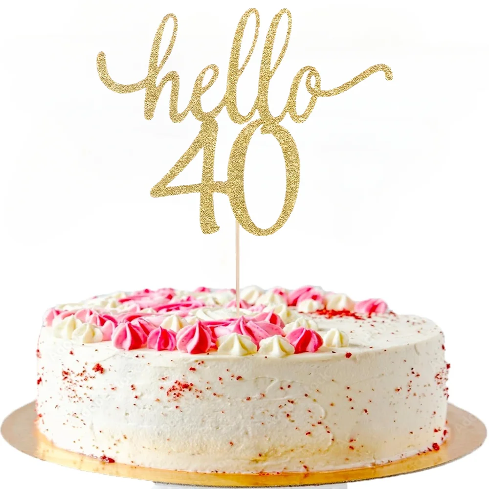 1 x goldener Hello 40-Kuchenaufsatz – elegante Geburtstagsdekoration für Kuchen und Cupcakes – schimmernde Party-Dekoration für den 40. Feier Image