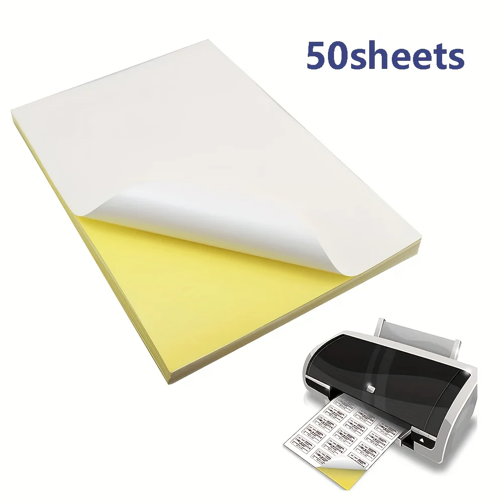 50 Blatt A4 Mattes, selbstklebendes Vinyl-Etikettenpapier, weiß, gelb, für Drucker, Bastelaufkleber, langlebiger Kleber Image