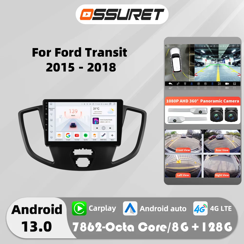 2DIN Carplay Android AUto Autoradio für Ford Transit 2015–2018 Multimedia Video Player GPS Navi Bildschirm 360 Cam GPS Autoradio