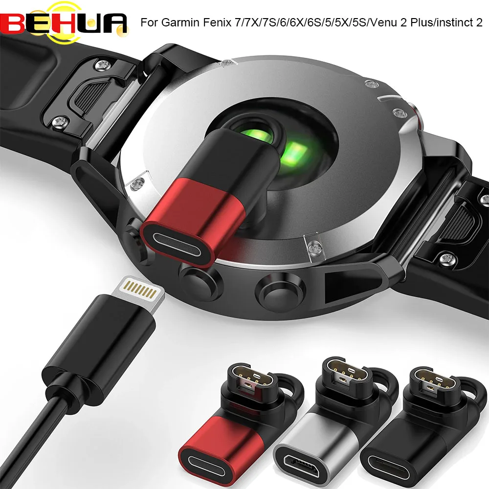 BEHUA USB Typ C/Micro USB/IOS zu 4pin Lade Konverter Adapter für Garmin Fenix 7/7X/7S/6/6X/6S/5/5X/5S Ladegerät Stecker Image