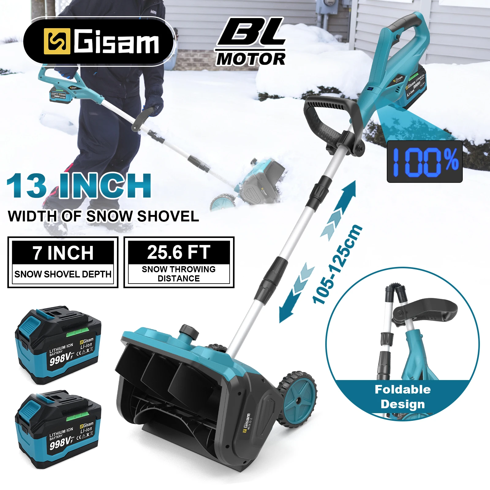 Gisam 3500W Bürstenloser Elektrischer Schneepflug Faltbarer Schneebesen Kabelloses Reinigungsgerät für Straßen und Höfe Kompatibel mit Makita 18V Akku Image