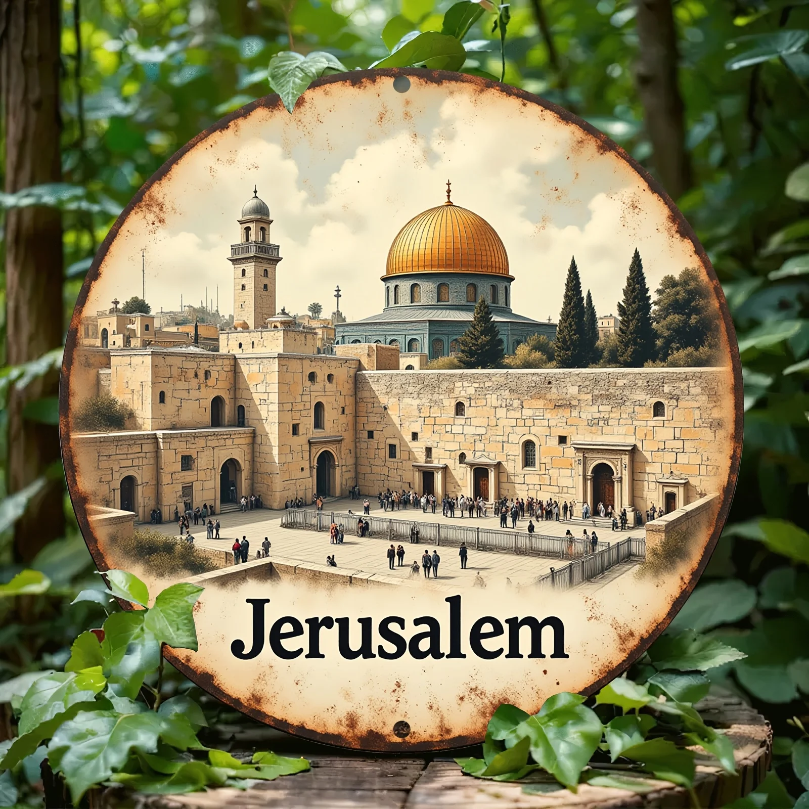 Vintage-Wandkunstdekoration aus Aluminium – historische Jerusalem-Western-Wand & Dome of the Rock, kreisförmiges Metallschild, wandmontierte Kultur Image