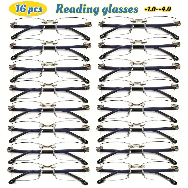 16-teilige leichte rahmenlose Lesebrille mit Blaulichtblockierung für Damen und Herren, rechteckiger Rahmen +1,0 bis +4,0 Image
