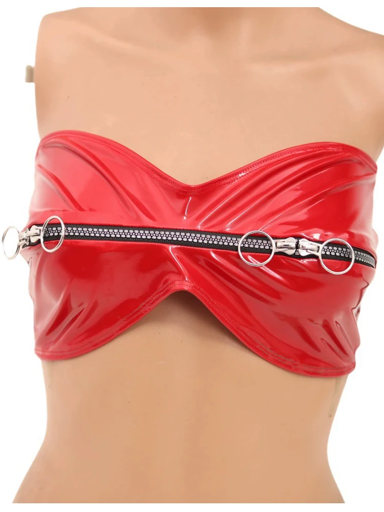 Reißverschluss Offenes Bustier Crop Tops Wet Look PVC BH Glänzende PU-Leder Camis Strumpfhosen Sexy Clubwear Kurze trägerlose Boob Tube Top Weste Image