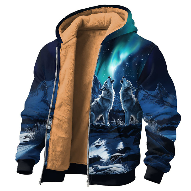 Men's Wolf Fleece Hoodie Jacket Sweatshirt Classic Hunting Long Sleeve Crew Neck Outdoor Camping Blue Zip Up Fall Winter Designer S M L XL 2XL 3XL