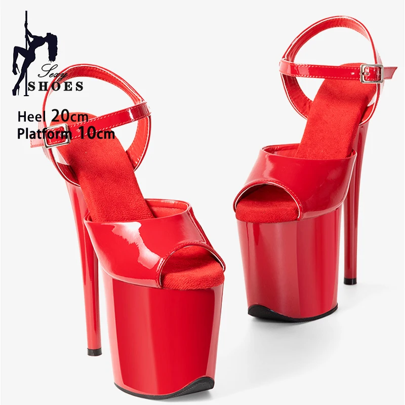 Rosa 20 cm 8 Zoll Pole Dance Schuhe Plattform Patent PU Obermaterial Frauen Sandalen High Heels Knöchel Schnalle T-show Modell Schuhe Große Größe
