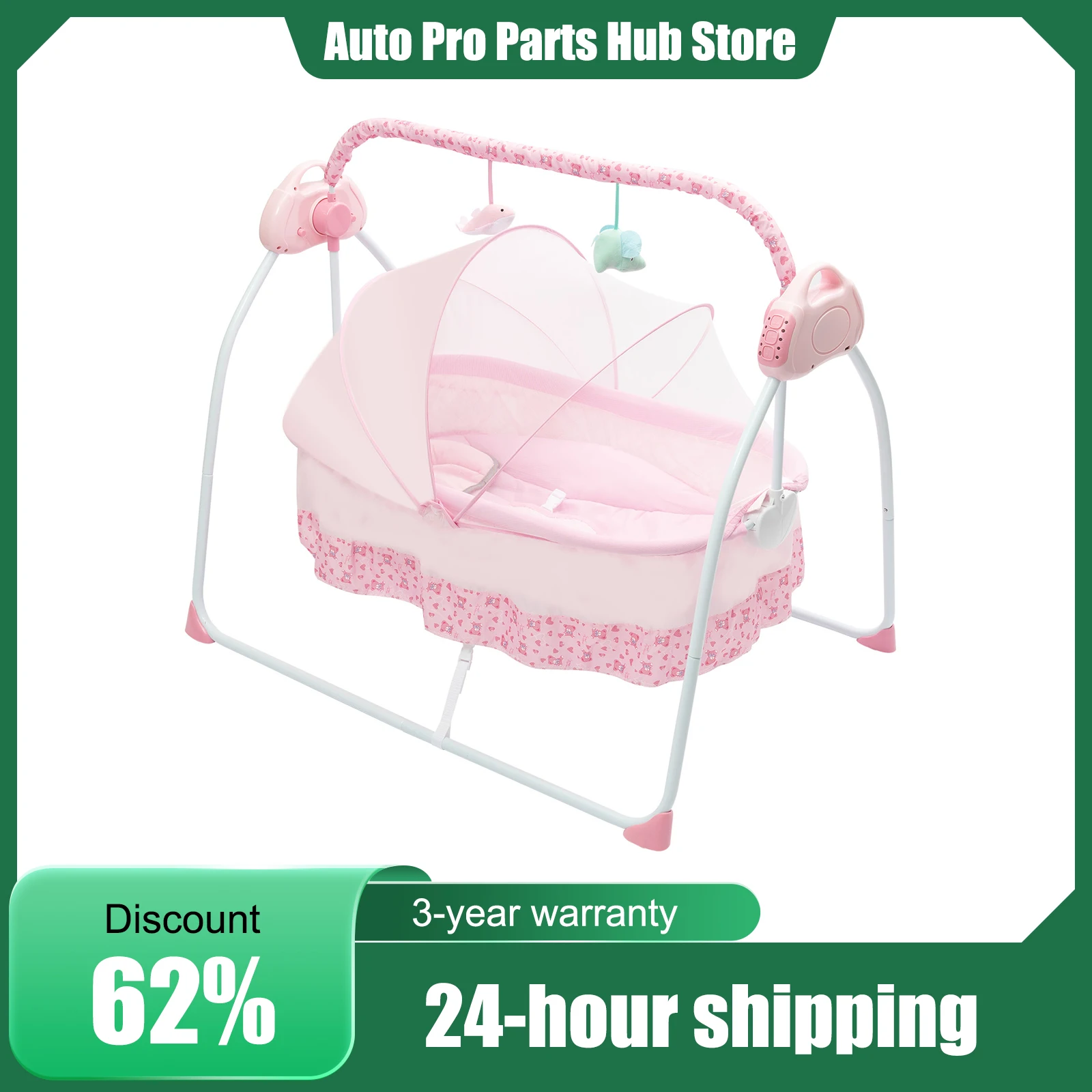 Elektrischer USB-Babybett-Shaker, Wiege, automatisches Schwingen, Schlafbett, Schaukelstuhl für Neugeborene, mit Musik und Spielzeug, Timing verstellbar, Rosa Image