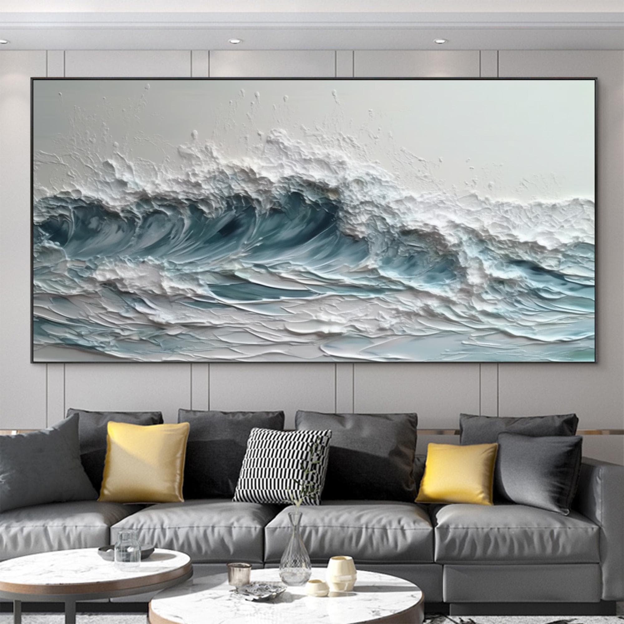 Dipinto a mano, dipinto a olio su tela con onde oceaniche in 3D, dipinto astratto con texture impasto, grande opera d'arte murale, originale decorazio
