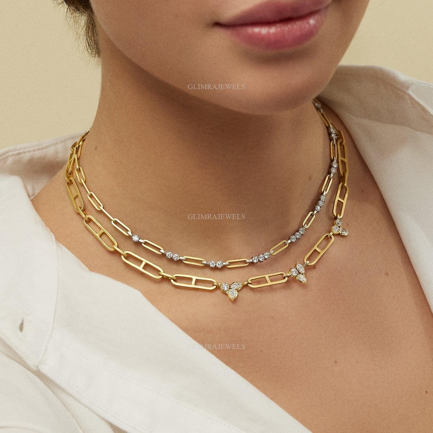Einzigartige Diamant Halskette 14k 18k Real Solid Gold Hochzeit Halskette Elegante Runde Birne Marquise Lab Diamant Büroklammer Kette Choker Halskette