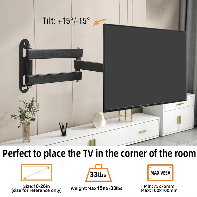 BEISHI Rack TV-Wandhalterungen, drehbare neigbare Gelenkverlängerung, Eck-TV-Halterung für 10–26 Zoll TVs, Monitore, max. VESA 100 x 100