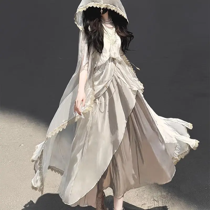 2023 neue Gothic Lolita Abfall Boden Wind Unregelmäßige Kleid Mantel Top Set Y2k Vintage Punk Frauen Kawaii Engel Kleidung Lolita Kleider