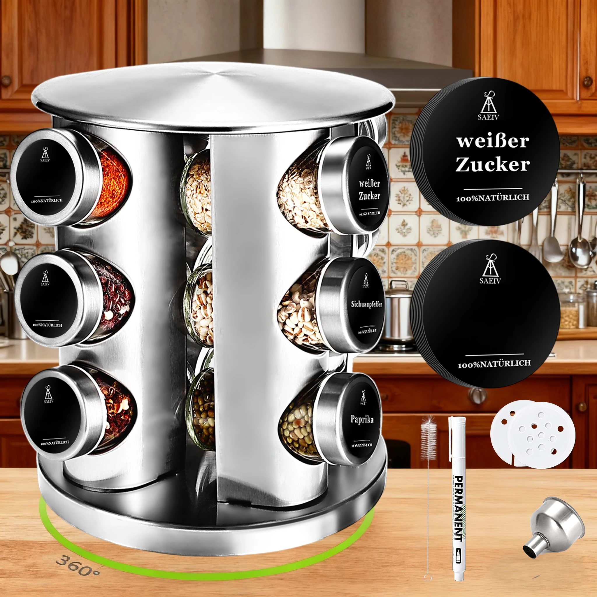 SAEIV 360 ° Drehbarer Gewürzständer Vertikal | Drehbarer Gewürzregal-Ständer | 12x100ml Gewürzbehälter Image