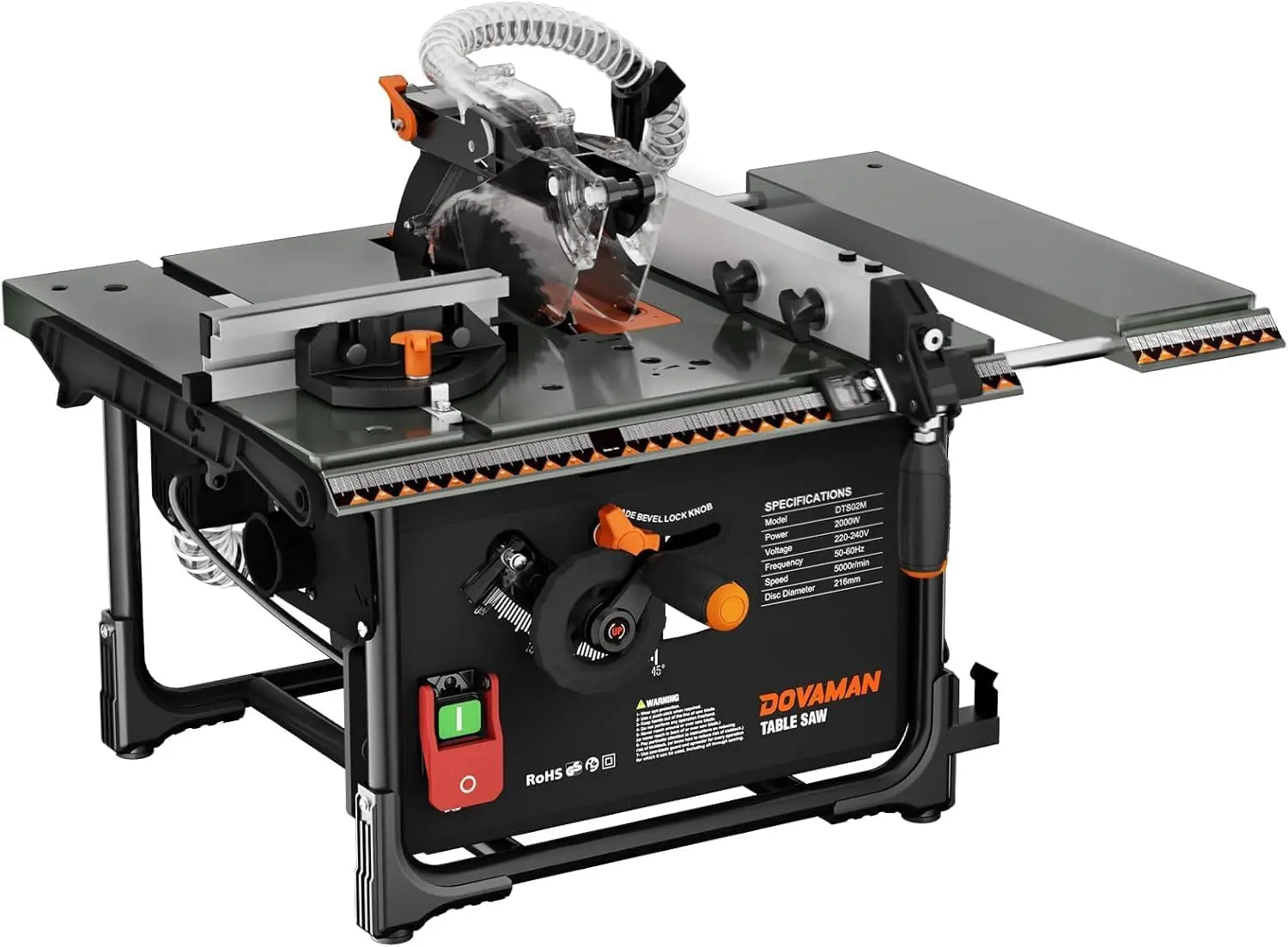 DOVAMAN Tischkreissäge, 2000 W, 216 mm Blatt, bis zu 98 % Staubabsaugung, ausziehbarer Tisch, 0–45 ° Gehrungsschnitt, 60 mm Tiefe, Holz zum Selbermachen Image