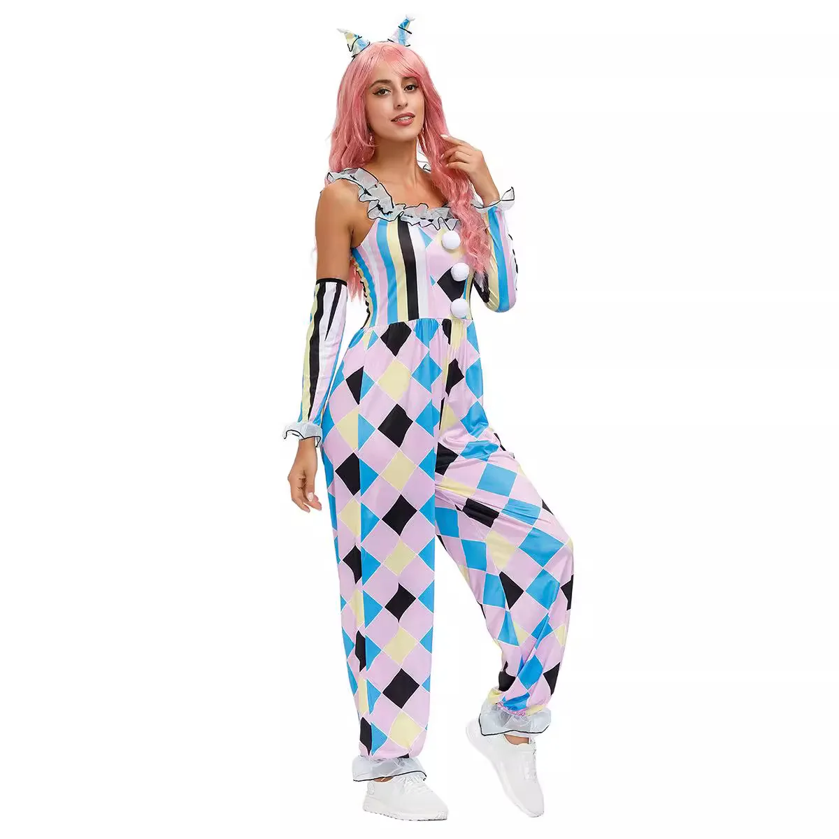Halloween-Zirkus-Clown-Kostüme für Damen, bunte Overalls mit Rautenmuster, passendem Stirnband und Handschuhen für Cosplay Image