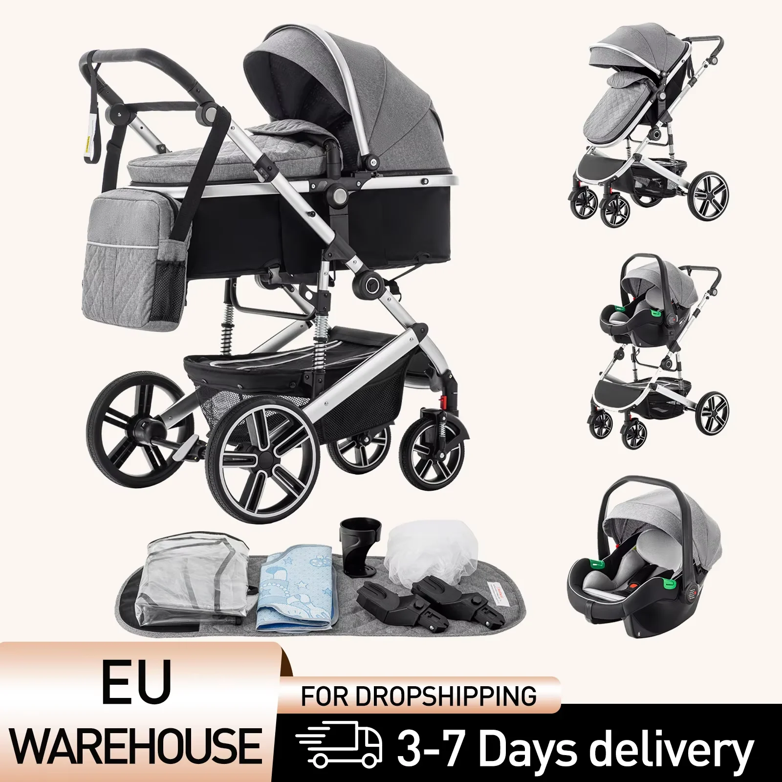 3-in-1-Kinderwagen, Reisesystem, Kinderwagen mit höhenverstellbarem Griff, Reise-Kinderwagen mit Moskitonetz, Kinderwagen mit Aluminium