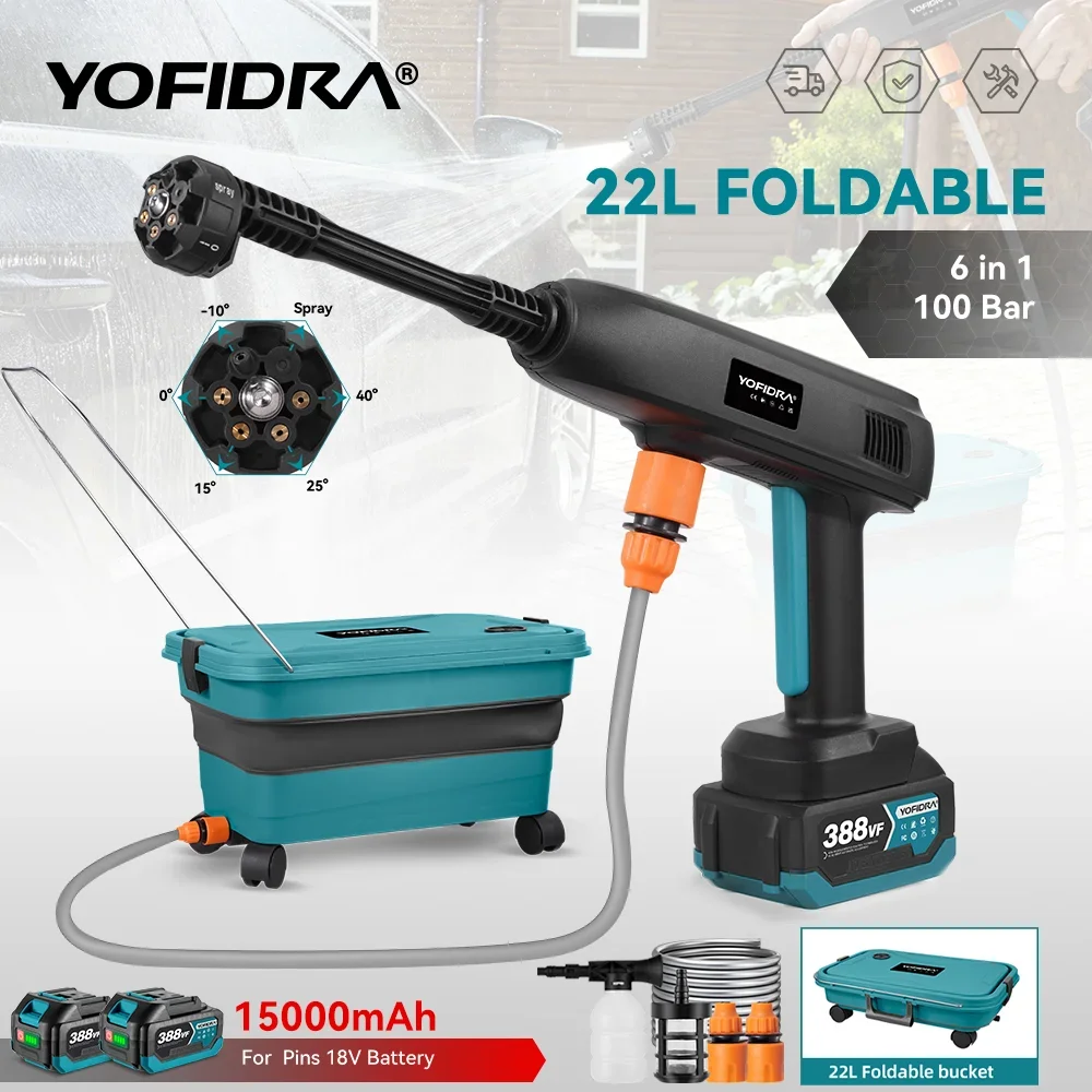 YOFIDRA 100Bar Hochdruck Auto Waschmaschine Pistole 22L Wasser Tank Tragbare Reiniger Werkzeug Garten Spritzpistole Für Makita 18V batterie Pin