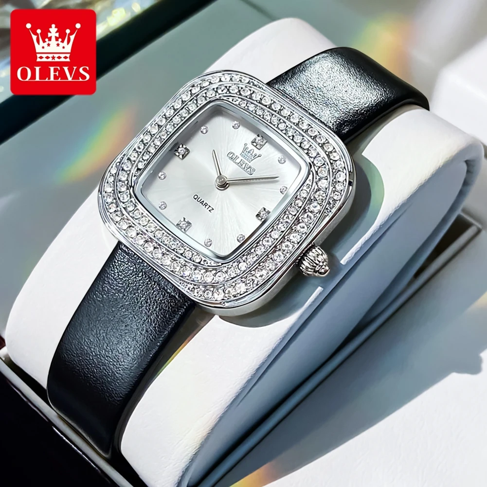 OLEVS 5512 Diamant Damenuhr Original Lederarmband Wasserdicht Damen Kleid Armbanduhr Luxus Elegante Quadratische Damenuhren Image