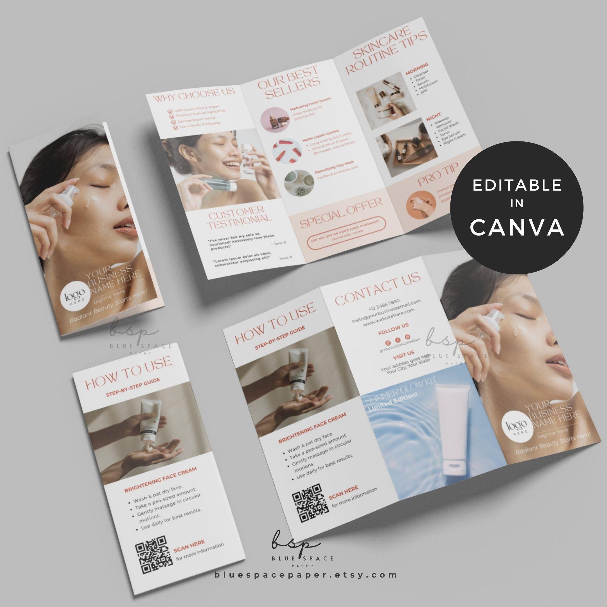 Modello di brochure a tre ante per cosmetici, modello di brochure per la cura della pelle Canva, volantino modificabile per il marketing dell'estetist