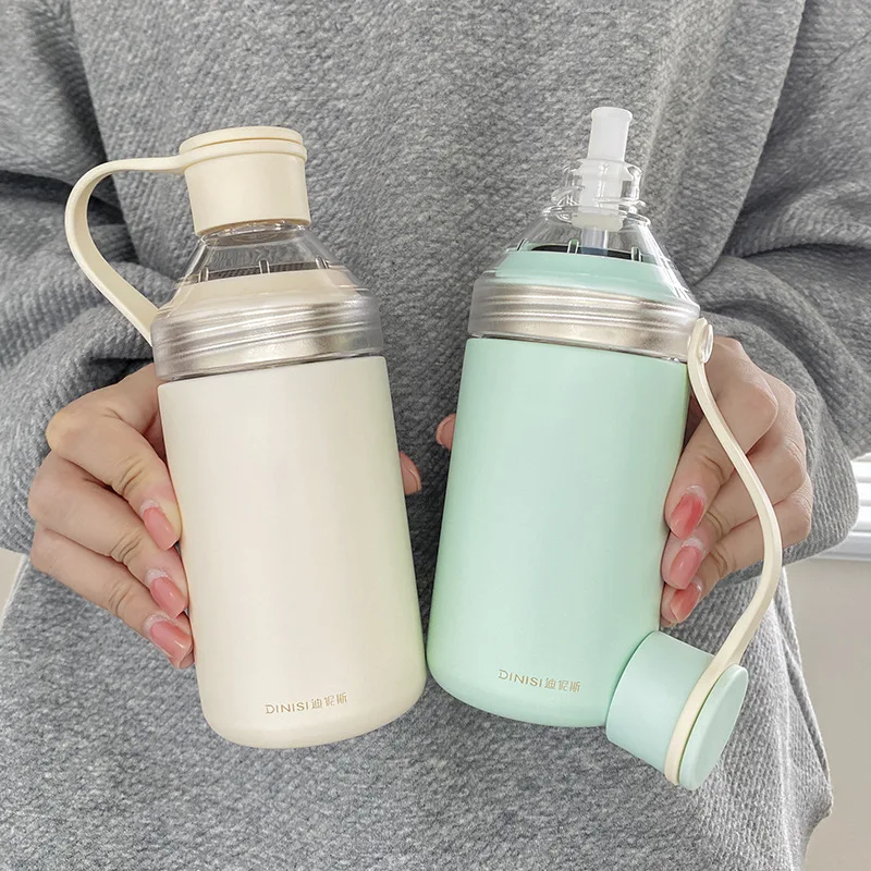 316 Stainless Steel Thermos Cup Ins Wind Flower Tea Cup High-looking Portable Straw Water Cup Double Drinking Cup Coffee Cup