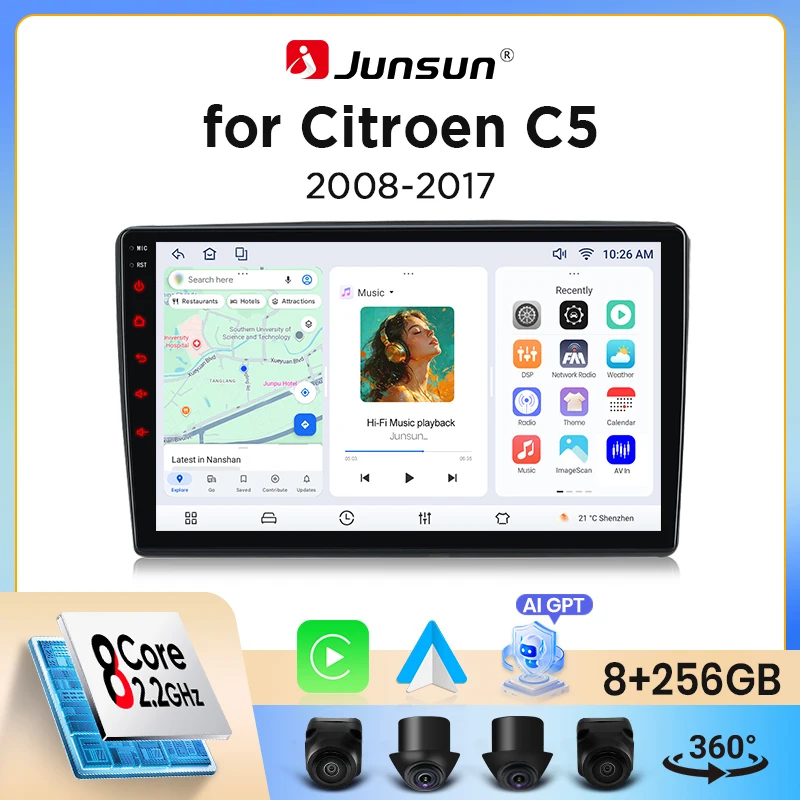 Junsun Wireless CarPlay Android Auto Autoradio für Citroen C5 Mk2 (RD/TD) 2008-2017 mit integriertem Lüfter, Android GPS-Navigation, Multimedia-Player, WiFi, DSP, RDS, BT, SWC, IPS-Touchscreen, Image