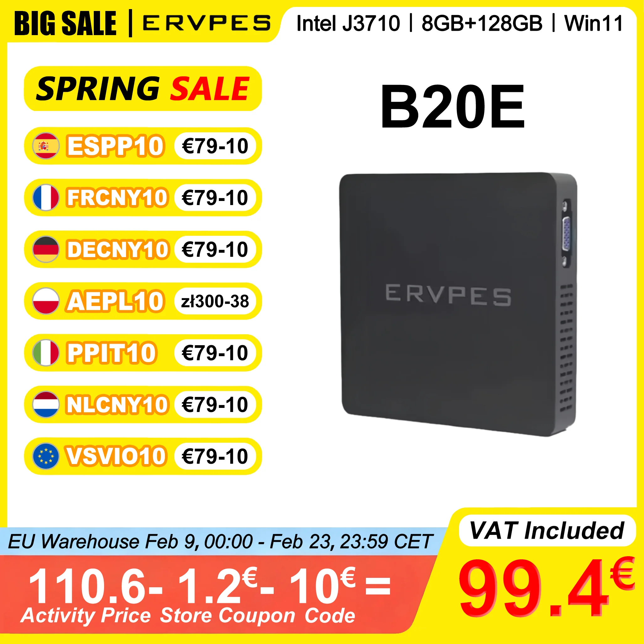 ERVPES Mini-PC B20E 8GB RAM 128GB SSD ROM J3710 Windows 11 Bluetooth 5.2 Micro-Desktop-Computer HDMI Dual-Band-WLAN