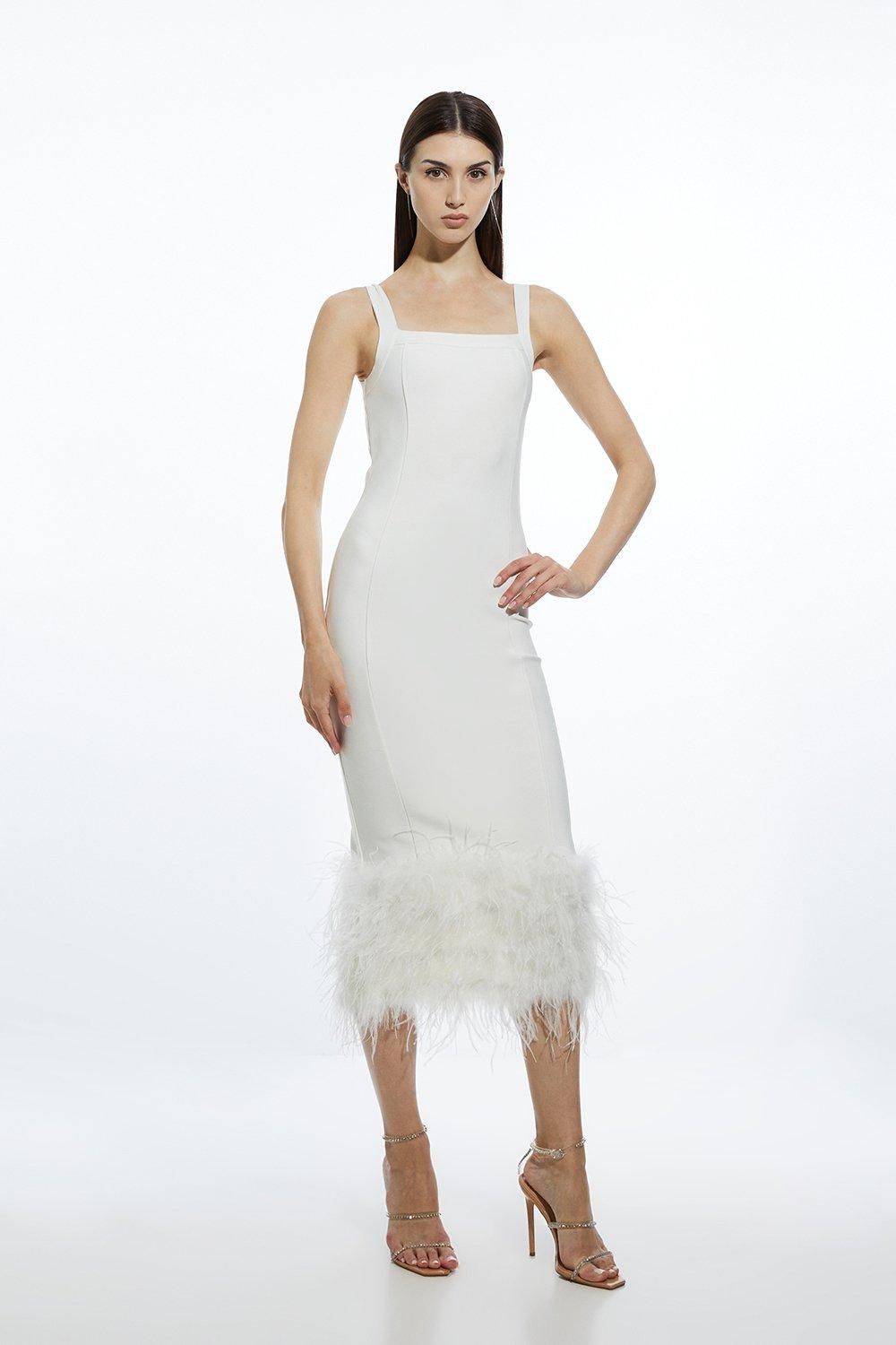 Karen Millen Womens Figure Form Bandage Feather Hem Knit Midi Dress - White - Size Small | Karen Millen Sale | Discount Designer Brands
