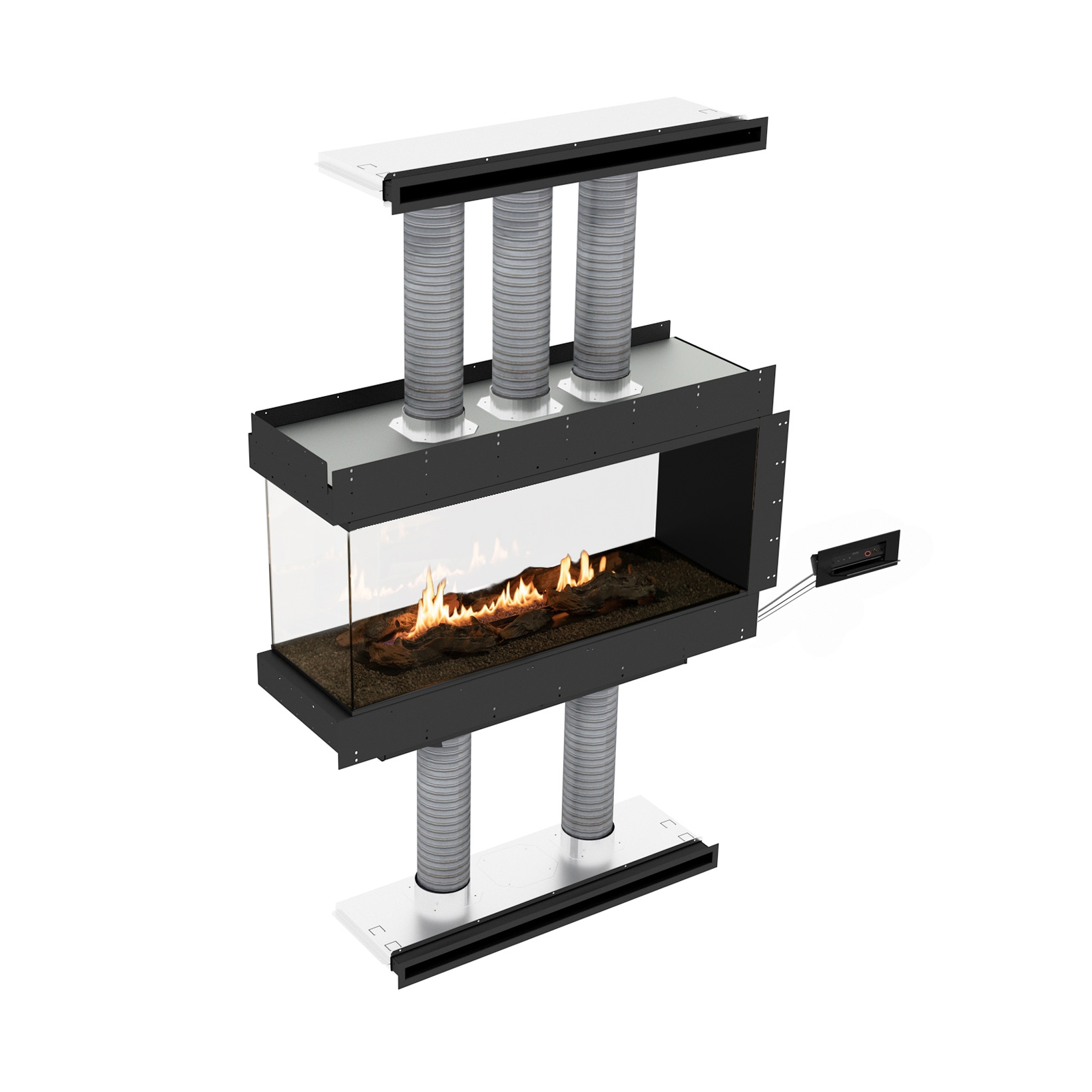 Planika Panorama [Ethanol Einbau Gehäuse mit Automatikbrenner und Verglasung]: Frontöffnung - mit weißen Kieselsteinen - ohne Smart Home Integration