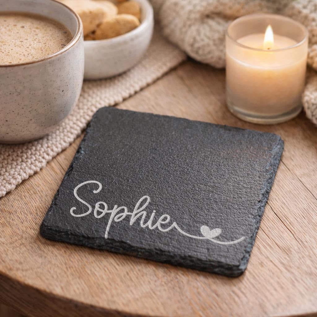 Sottobicchiere in ardesia personalizzato con nome e cuore, regalo per lui e per lei inciso al laser, regali per ufficio, famiglia, amici, ricordo, reg