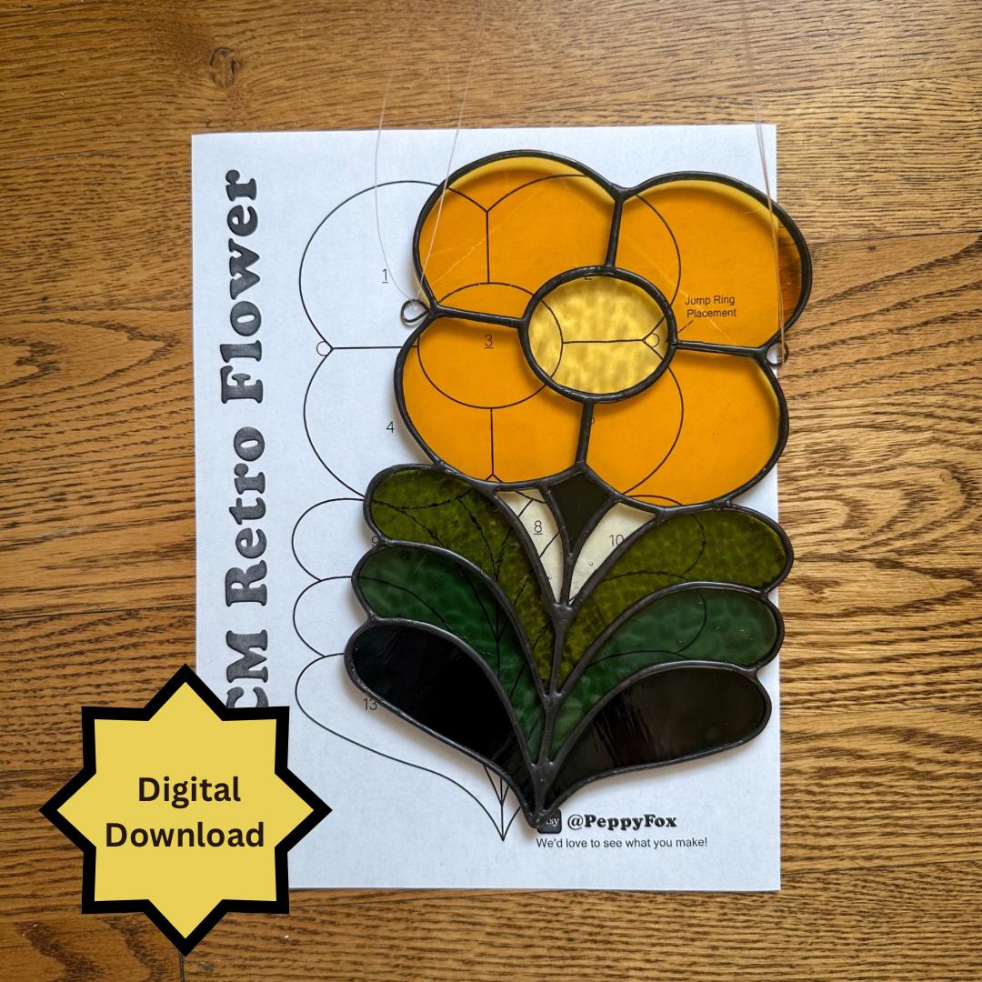 Modello per vetrate colorate - FILE DIGITALE (pdf png) - Retro Flower MCM - Modello per acchiappasole per principianti/facile - Licenza hobby e commer